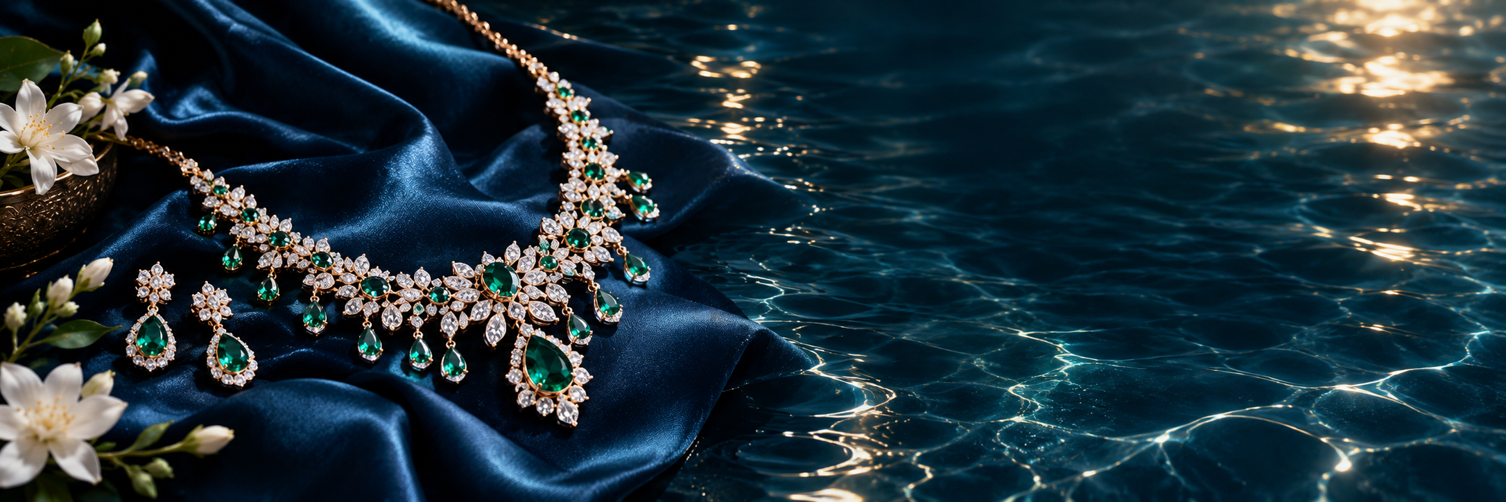 Emerald and diamond necklace on midnight blue